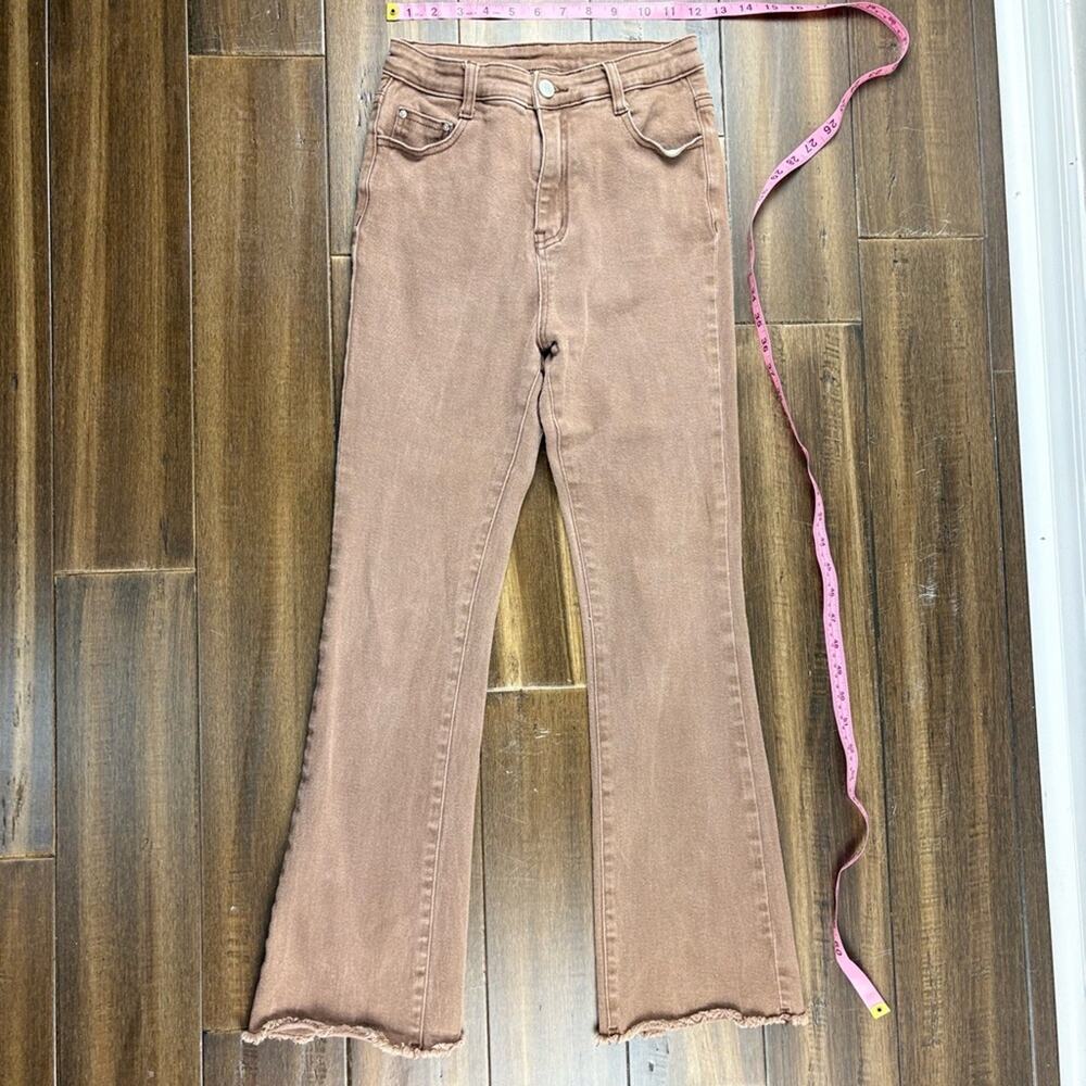 CiderSz S Brown Flare Denim Jeans High Waist Fall Belt Loop Pockets Frayed Hem